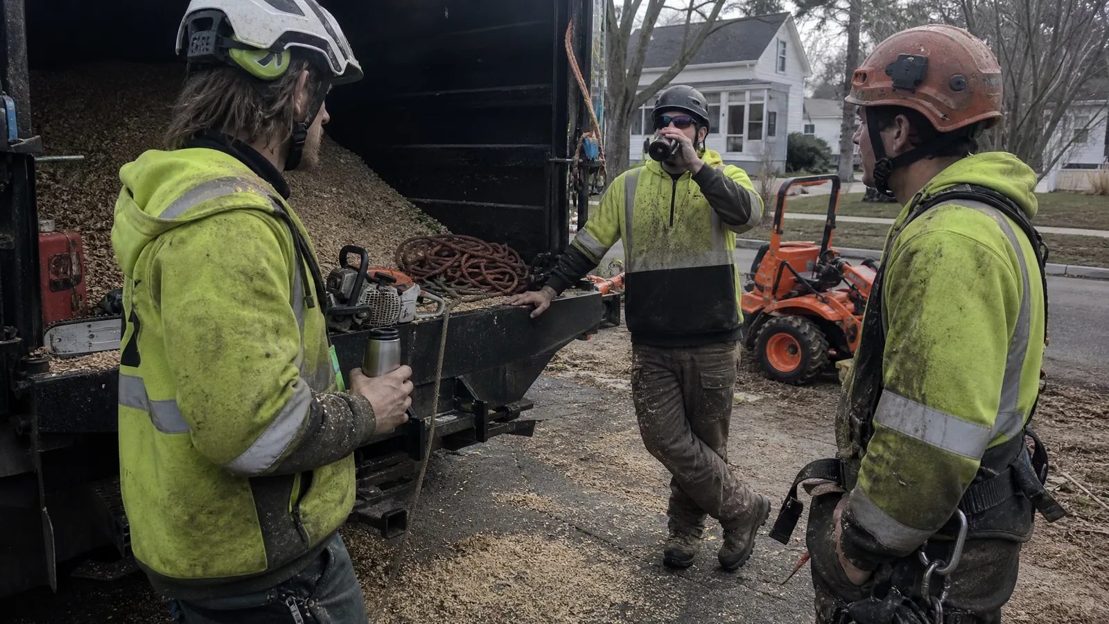 The chip truck and crew of a Grand Rapids MI tree service on a residential job