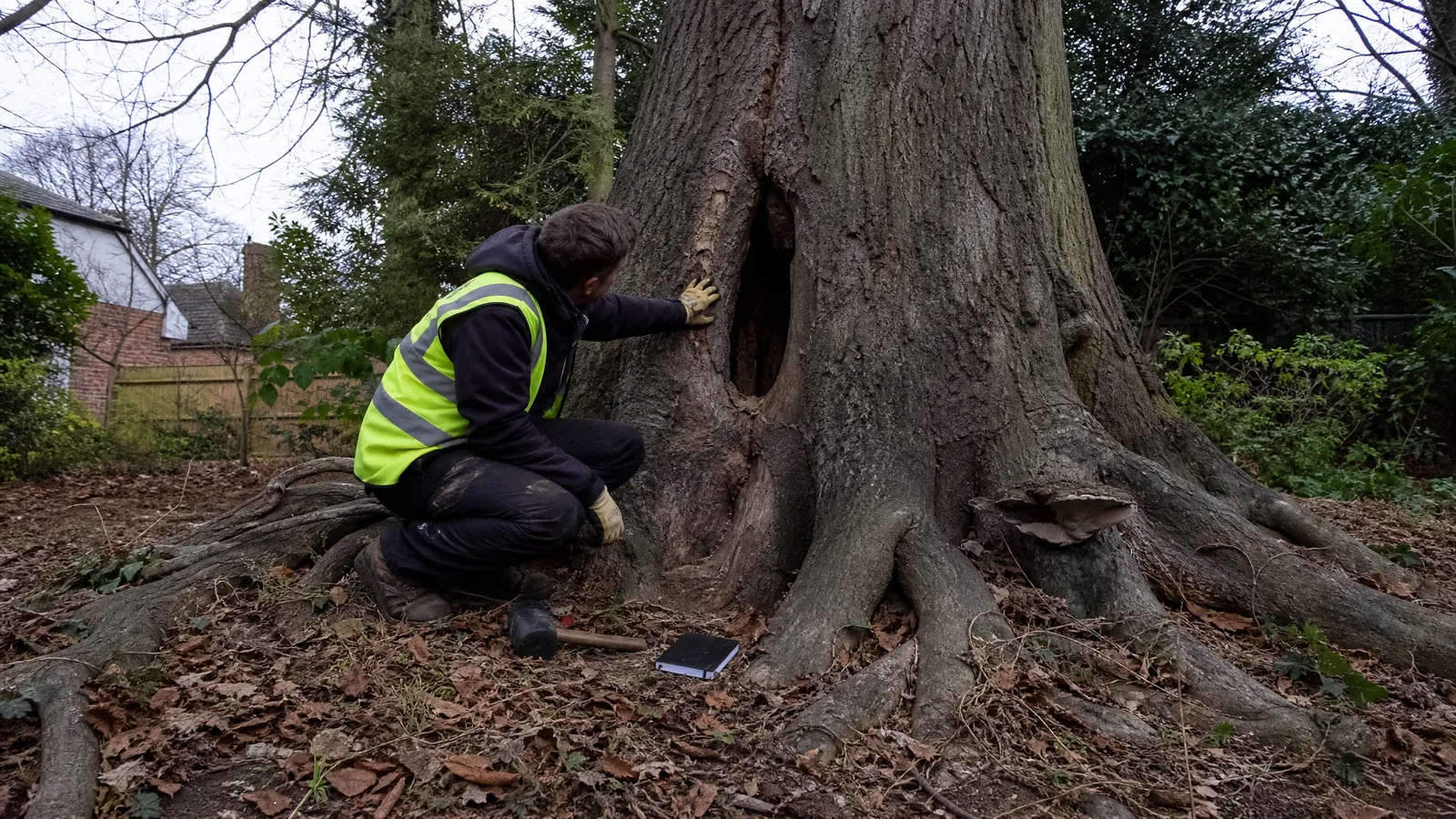 ISA Certified Arborist inspecting a trunk cavity during a tree risk assessment in Grand Rapids MI
