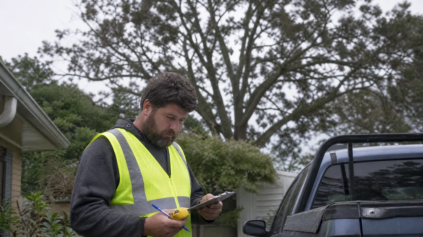 Tree service estimator writing an itemised quote at a Grand Rapids MI property